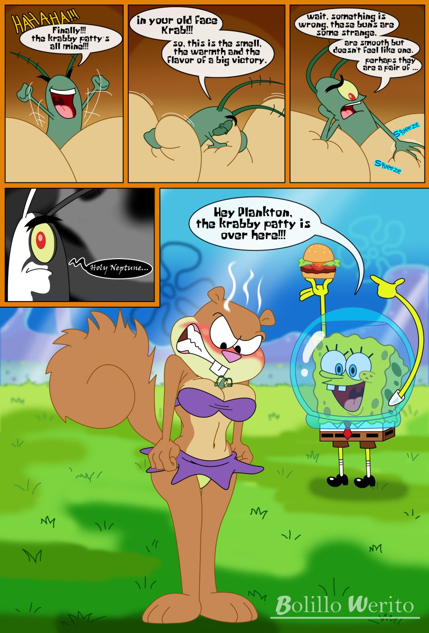 1girls 2boys angry anthro bolillo_werito breasts brown_fur cleavage comic copepod dialogue female fluffy_tail furry grass green_skin helmet kissing krabby_patty looking_down male mammal nickelodeon one_eye open_mouth rodent sandy_cheeks sea_sponge sheldon_j._plankton size_difference smaller_male spongebob_squarepants spongebob_squarepants_(character) squirrel tail text text_bubble tree_squirrel