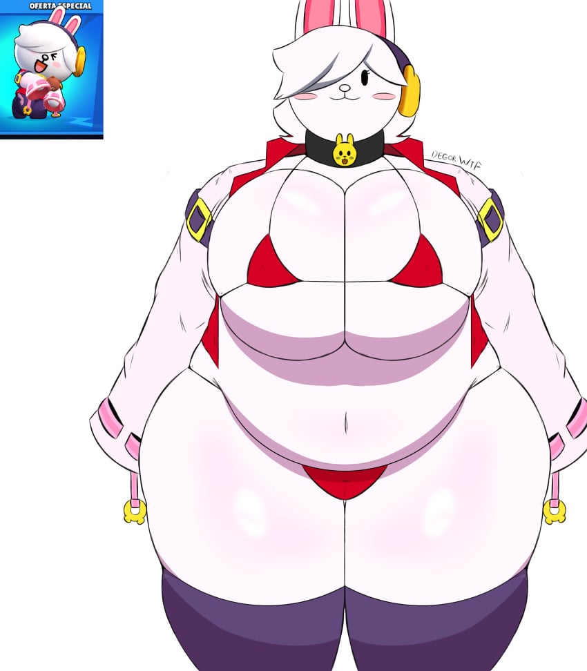 absurd_res anthro belly big_breasts brawl_stars breasts colette_(brawl_stars) cony_(line) degorwtf female hi_res humanoid know lagomorph leporid line_(app) mammal overweight rabbit slightly_chubby solo supercell_(company) thick_thighs