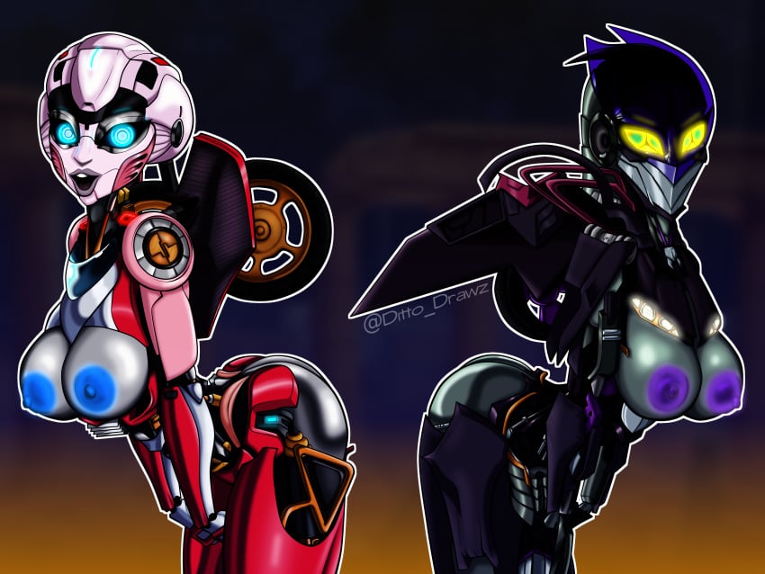 2d 2d_(artwork) 2girls arcee arcee_(rotb) artist_name autobot big_breasts breasts cybertronian ditto_drawz female female_only fembot multiple_girls nightbird nightbird_(transformers) nipples robot robot_girl rookie115 terrorcon transformers transformers_rise_of_the_beasts