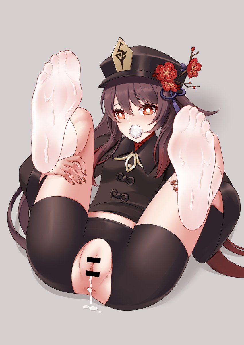 absurdres after_vaginal anus black_shorts blush breasts brown_hair brown_hat brown_jacket censored commentary_request cum cum_in_ass cum_in_pussy feet female flower genshin_impact grey_background hair_between_eyes hair_flaps hat highres holding_own_leg hu_tao_(genshin_impact) jacket knee_socks kneehighs kneesocks long_hair long_sleeves oirin open_mouth plum_blossoms pussy red_eyes red_nails shorts simple_background small_breasts socks soles solo toes torn_clothes torn_shorts twintails white_socks wide_sleeves