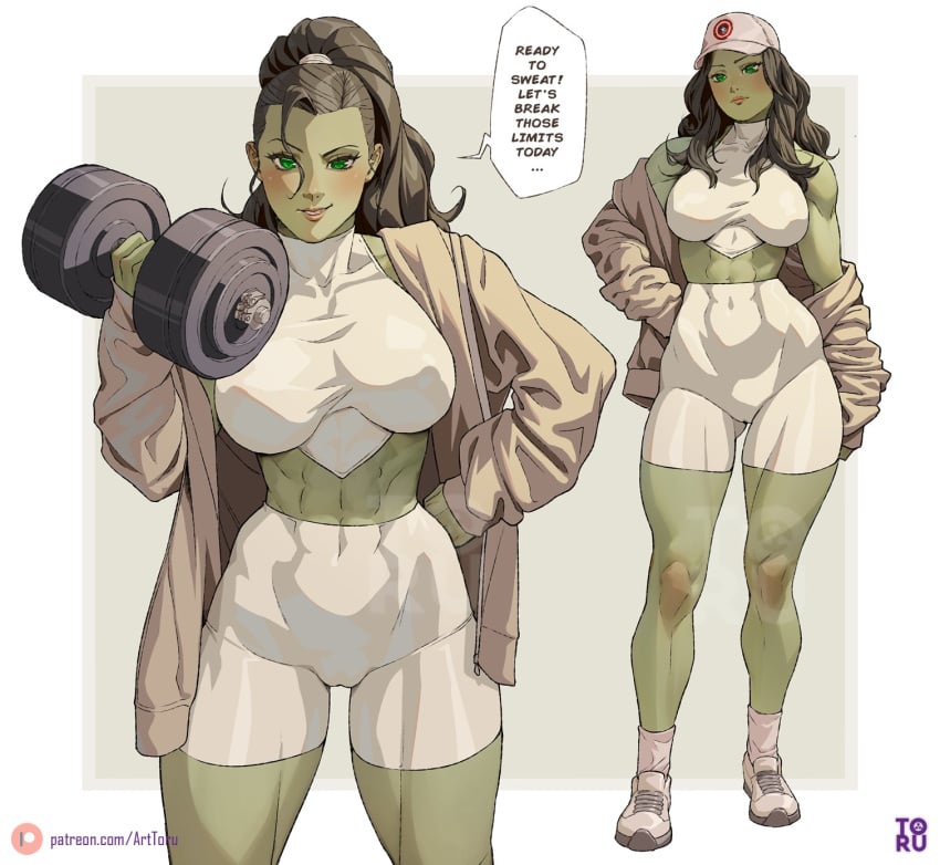 abs ai_generated arttoru baseball_cap big_boobs big_breasts big_tits dumbbell english english_text green_eyes green_hair green_skin hand_on_hip hoodie marvel marvel_comics muscles muscular muscular_female ponytail she-hulk smirk thighs toned toned_body toned_female white_background white_clothing working_out workout workout_clothes