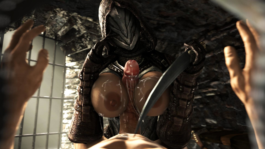 1boy 1girls 2017 3d absurdres areolae armor big_breasts big_penis breasts clothed_female_nude_male cum cum_on_breasts ejaculation erect_nipples erection female gloves hands hood huge_breasts human infinity_blade isa_(infinity_blade) knife large_breasts looking_at_viewer male mask nipples paizuri penis pov scrungusbungus shiny shiny_skin source_filmmaker straight veiny_penis weapon