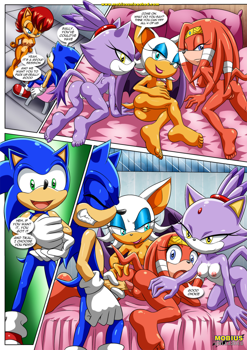 5_toes anthro barefoot bat bbmbbf bed big_breasts blaze_the_cat breasts chipmunk echidna erection furry gloves hairband headband hedgehog imminent_sex male mammal mobius_unleashed monotreme nipples nude palcomix penis pussy relaxation_after_a_tiring_day_(sonic_the_hedgehog) rodent rouge_the_bat sally_acorn seductive sonic_(series) sonic_the_hedgehog tikal_the_echidna