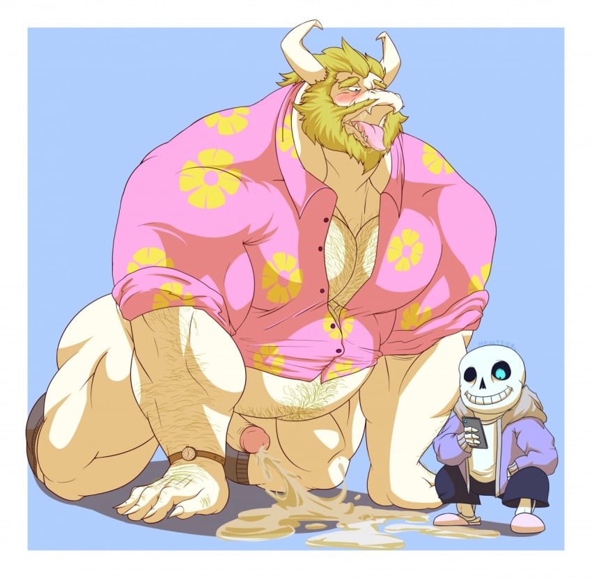 2015 animated_skeleton anthro asgore_dreemurr beard belly blonde_hair blue_background blue_eyes blue_sans_penis blue_sans_tongue blush body_hair bone boss_monster bottomless caprine clothed clothing cum cum_on_ground cumshot duo ejaculation facial_hair fangs fur goat hair hi_res horn jacket long_ears male male_only mammal manlyster meta_request open_mouth orgasm overweight penis sans sans_blush sans_eye sans_glowing_eye sans_penis sans_tongue simple_background skeleton tongue tongue_out undead undertale video_games watch