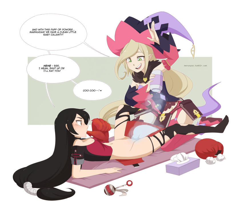 2girls adult_baby baby_powder black_hair blonde_hair blush book breasts detached_sleeves diaper diaper_change green_eyes hat highres long_hair magilou_(tales) md5_mismatch merunyaa multiple_girls no_panties no_pants open_mouth pointy_ears rattle resized tales_of_(series) tales_of_berseria thighhighs thumb_sucking upscaled velvet_crowe yellow_eyes yuri