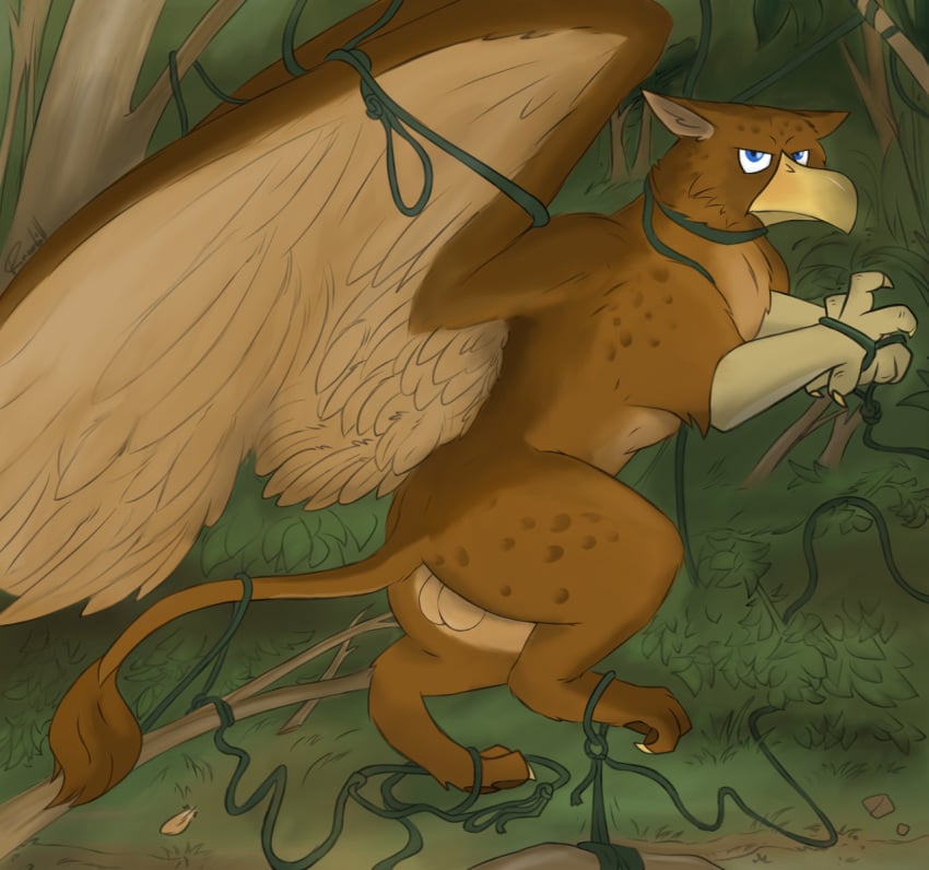 angry avian beak birdlock claws entangled feathers feral forest frown fur gryphon lennard looking_at_viewer paws rope stuck trapped tree vines wings