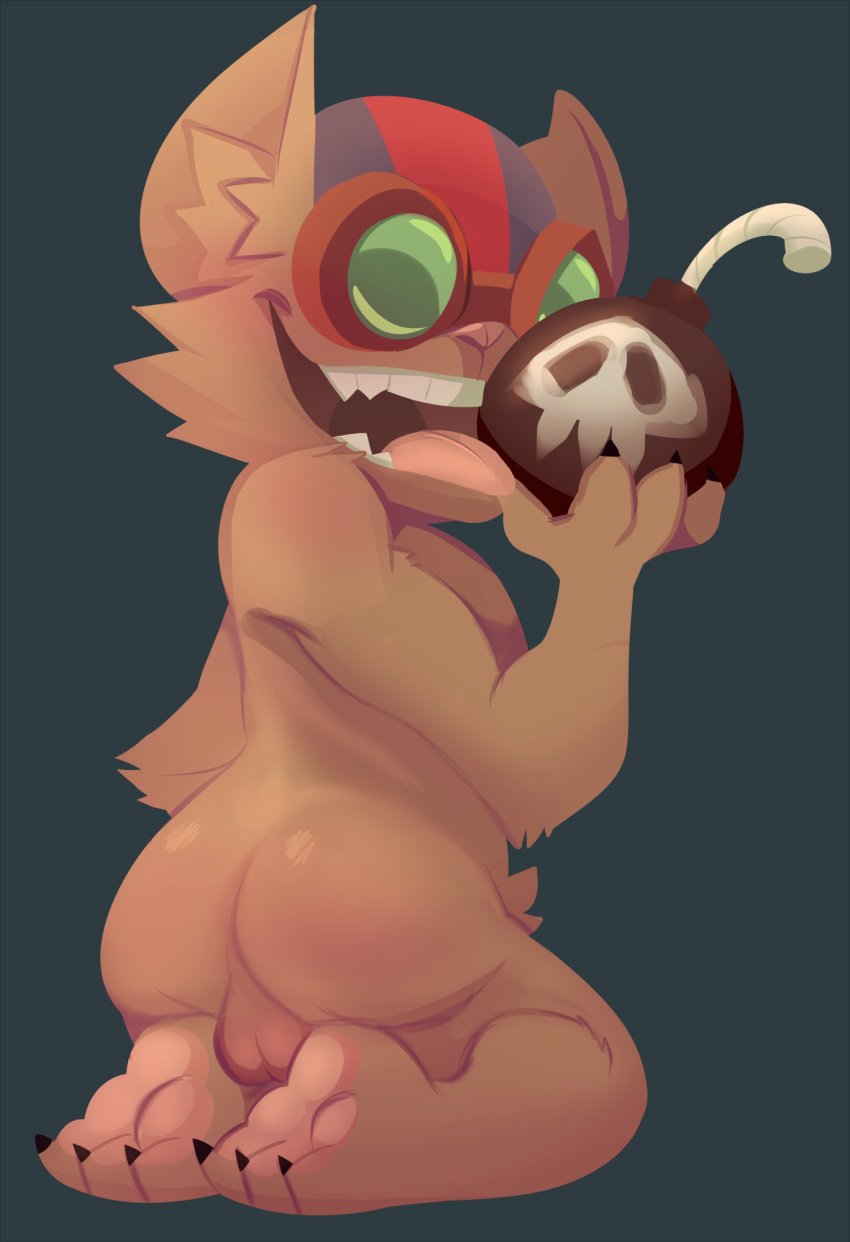 anthro ass backsack balls bomb brown_fur deadbeats explosives eyewear fur glasses hat holding_object inner_ear_fluff kneeling league_of_legends licking looking_at_viewer male male_only nude pawpads riot_games simple_background skull smile teeth tongue tongue_out video_games yordle ziggs