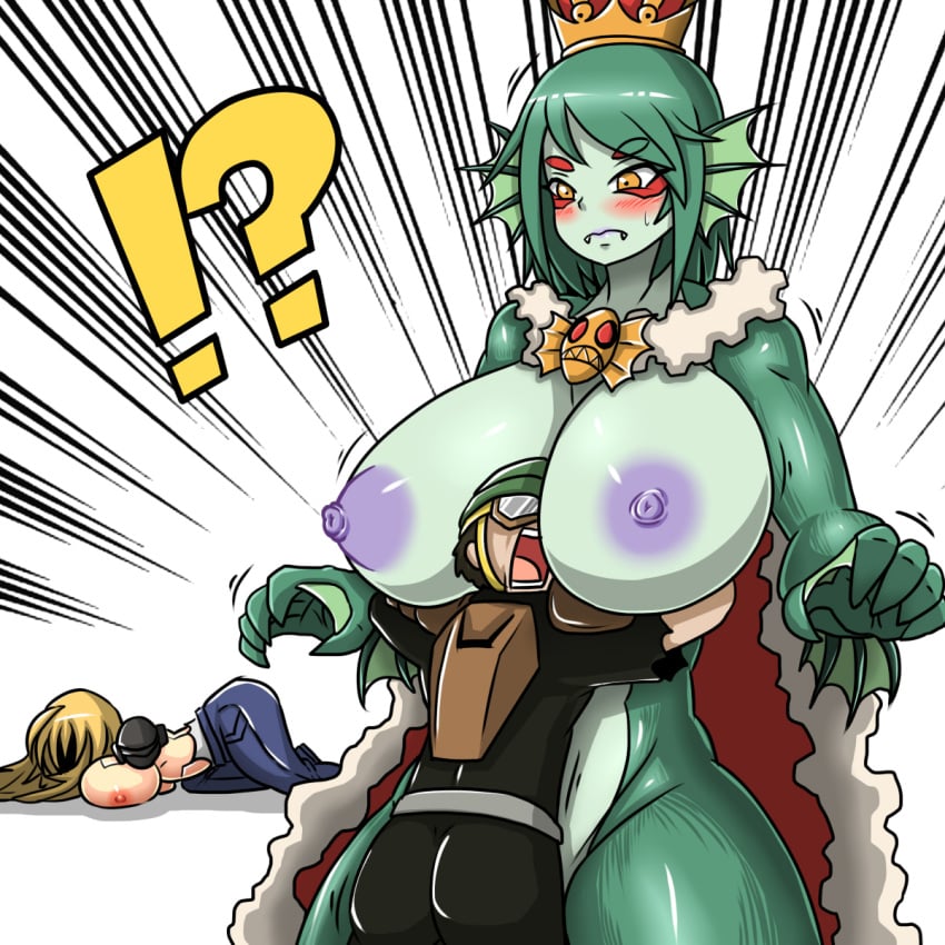 !? 1boy 2girls areola barefoot blush breasts busty cleavage deep_sea_king dr.bug fangs female genos green_hair green_skin huge_ass hugging large_breasts monster_girl mumen_rider nipples one-punch_man puffy_nipples purple_nipples rule_63 thick_thighs voluptuous