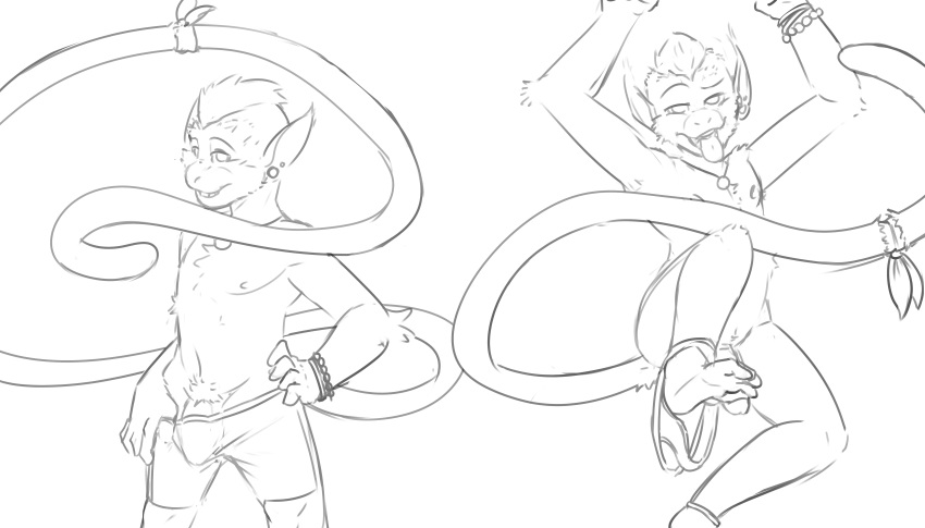 anthro armpits briefs bulge clothed clothing furfit haplorhine long_tail lying male male_only mammal monkey monkey_boy monkey_feet multiple_positions naughty_face nipples nude on_back pecs penis penis_base penis_outline prehensile_feet primate slim solo standing tight_clothing tongue tongue_out topless underwear underwear_around_one_leg video_games
