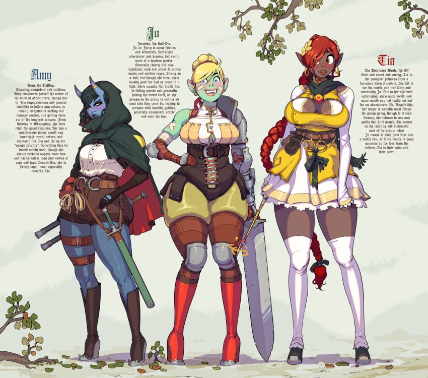 3girls amy_(elijah_pink) amy_(tiefling)_(elijah_pink) armor big_breasts blonde_hair blue_eyes blue_skin character_sheet dark-skinned_female dark_skin elf elf_female elijah_pink fantasy female female_only green_hair green_skin half-orc high_heels horn horn_ring jorcelyn josie_(elijah_pink) long_ears long_hair model_sheet multiple_girls orange_eyes orc orc_female original original_character original_characters piercing red_hair simple_background sword text tia_(elf)_(elijah_pink) tia_(elijah_pink) tiefling tight_clothing yellow_eyes