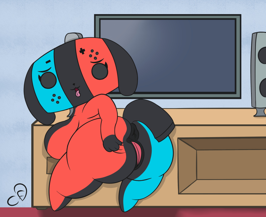 1girls animate_inanimate anthro anus ass big_breasts big_butt breasts canine cogsfixmore completely_nude completely_nude_female female female_only full_body hand_on_ass huge_breasts inanimate_object looking_at_viewer looking_back mammal naked naked_female nintendo nintendo_switch nude nude_female presenting pussy shortstack solo solo_female spreading switch_dog tongue video_games