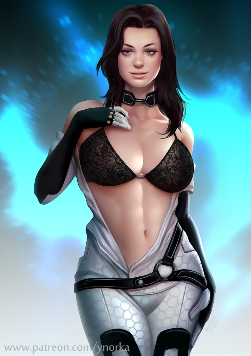 1girls black_hair blue_eyes bodysuit bra cleavage eyeshadow female female_only highres human human_only long_hair looking_at_viewer mass_effect miranda_lawson naughty_face pale_skin seductive solo standing uncensored ynorka