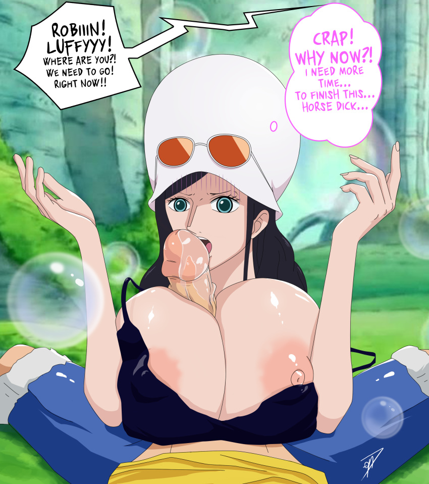 1boy black_hair cum_between_breasts dressrosa ejaculation_between_breasts eyewear_on_head female glasses glasses_on_head huge_breasts huge_cock licking long_hair male monkey_d_luffy nico_robin one_piece ons paizuri penis pov straight sunglasses_on_head text