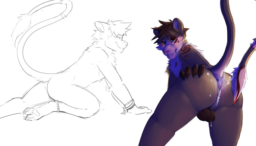 anthro ass backsack balls bent_over cum cum_drip cum_from_ass cum_string dripping feline furfit hand_on_ass inviting leaking leaking_anus line_art looking_at_viewer looking_back male male_only mammal nude perineum presenting presenting_hindquarters raised_tail side_view solo tribal