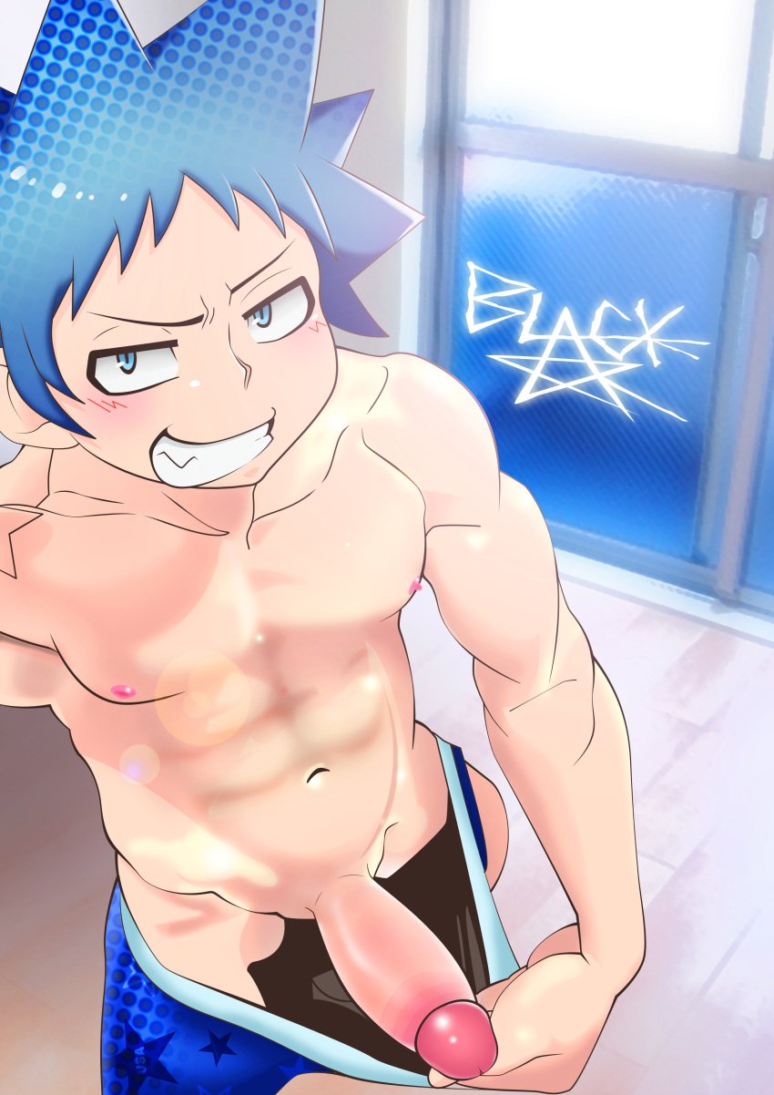 1boy black_star blue_hair erection male_only nipples penis presenting smile solo soul_eater teeth undressing