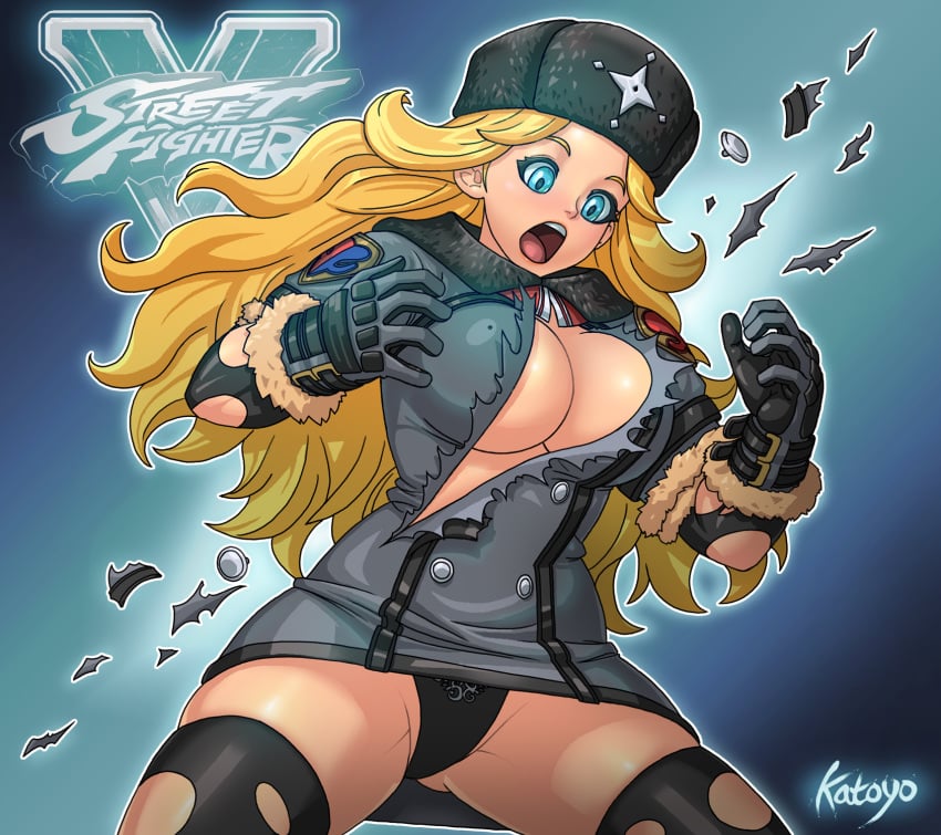 1girls black_panties blonde_hair blue_eyes breasts cleavage clothing copyright_name female female_only fur_hat fur_trim hat highres katoyo85 kolin_(street_fighter) large_breasts logo long_hair miniskirt no_bra open_mouth panties popped_button skirt skirt_lift street_fighter street_fighter_v surprised thighhighs torn_clothes torn_shirt torn_thighhighs underwear upskirt ushanka wardrobe_malfunction