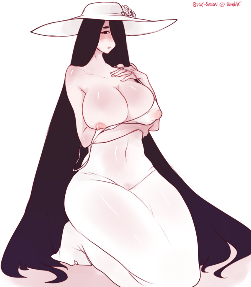 1girls absurdly_long_hair areola_slip areolae areolae_visible_through_clothing arm_under_breasts bare_shoulders big_breasts big_hat black_eyes black_hair breasts dress erect_nipples_under_clothes female female_focus female_only flower_in_hat gyarusatan hachi_(gyarusatan) hair_over_one_eye hasshaku-sama hat japanese_mythology kneeling large_breasts light-skinned_female light_skin long_dress long_hair looking_at_viewer navel nipples nipples_visible_through_clothing original pale-skinned_female pale_skin pussy see-through_clothing solo solo_female strap_slip sun_hat tight_clothing tight_dress very_long_hair wardrobe_malfunction white_background white_dress white_hat