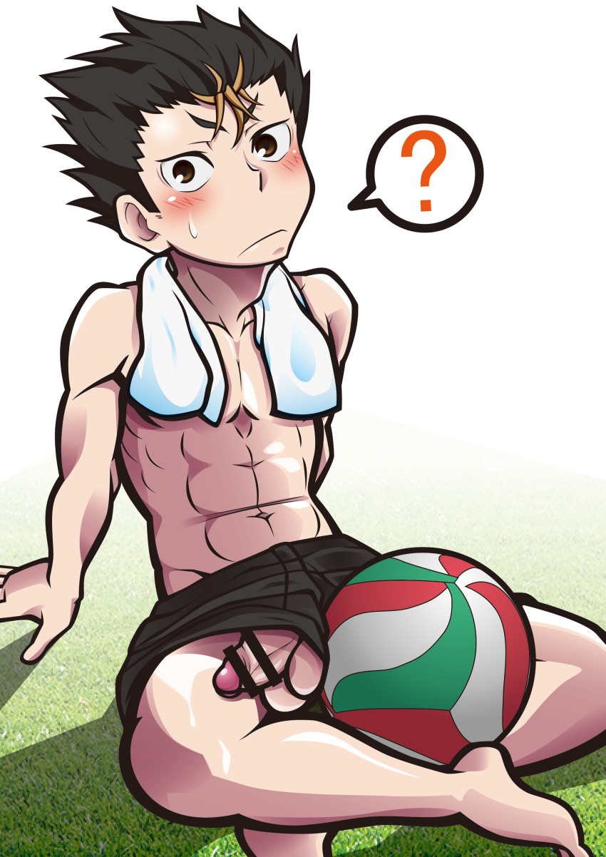 1boy ? abs bar_censor barefoot blush flaccid grass haikyuu!! looking_at_viewer male_only nishinoya_yuu outdoors penis sitting sweat topless towel