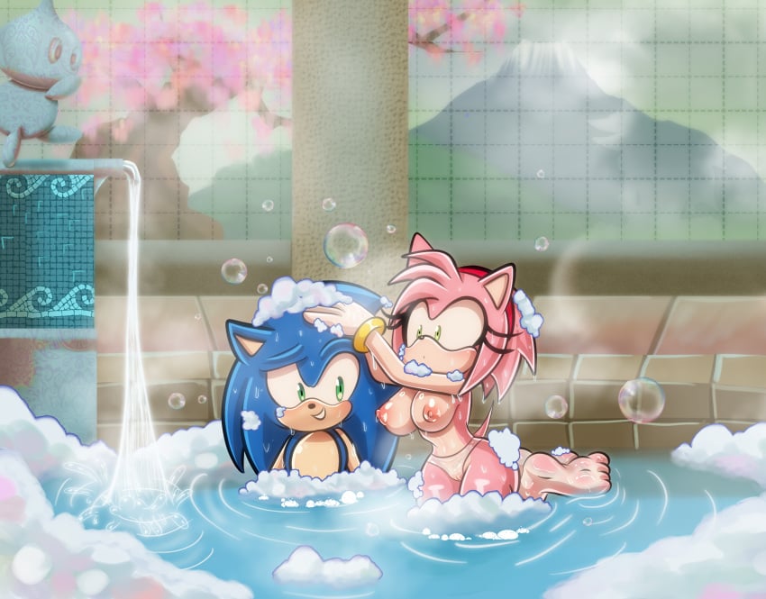 1boy 1girls amy_rose bath bathing bathtime bathtub big_breasts demichan female hedgehog hedgehogs male mobian mobians onsen relaxing sega sonic_(series) sonic_the_hedgehog sonic_the_hedgehog_(series) water wet_clothes wet_panties
