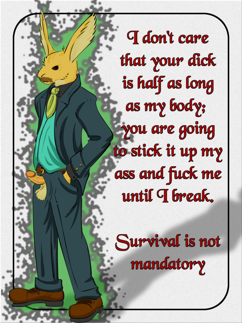 2017 anthro aura balls bojog clothed clothing demon english_text erection footwear fur humanoid lagomorph looking_at_viewer male male_only mammal necktie pants penis penis_out penis_through_fly rabbit shirt shoes simple_background solo standing suit text tundur vest