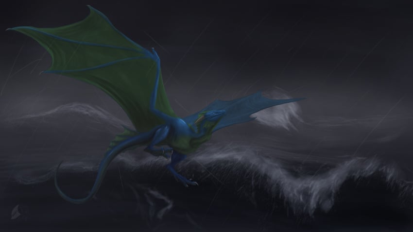 ambiguous_gender claws detailed_background dragon dsw7 feral membranous_wings outside raining solo storm water wings wyvern