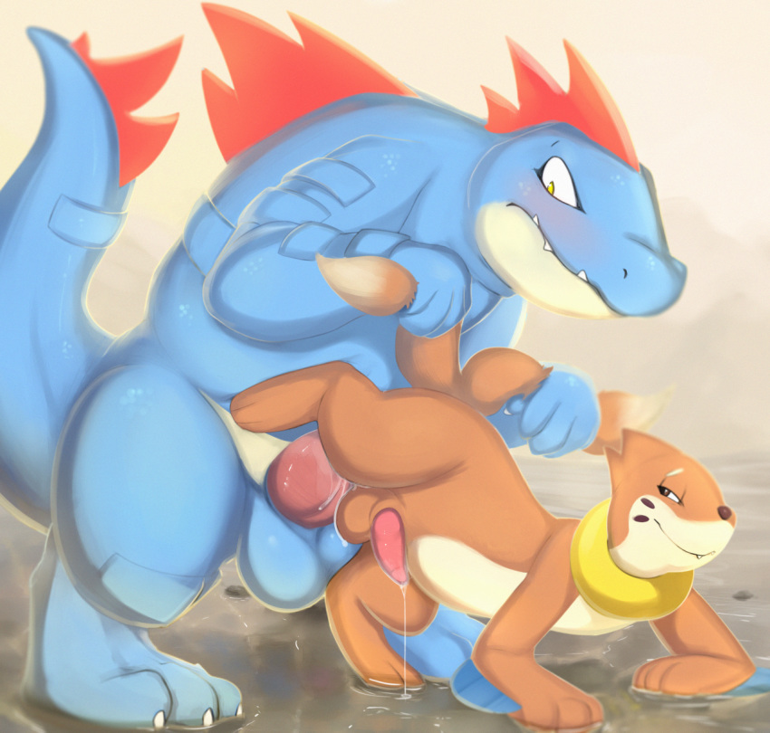 3_toes all_fours anal anal_sex balls buizel crocodilian cum cum_drip dripping duo erection feraligatr jetshark knot male nintendo nude penetration penis pokemon reptile scalie sex simple_background size_difference smile standing tail_grab toes yaoi