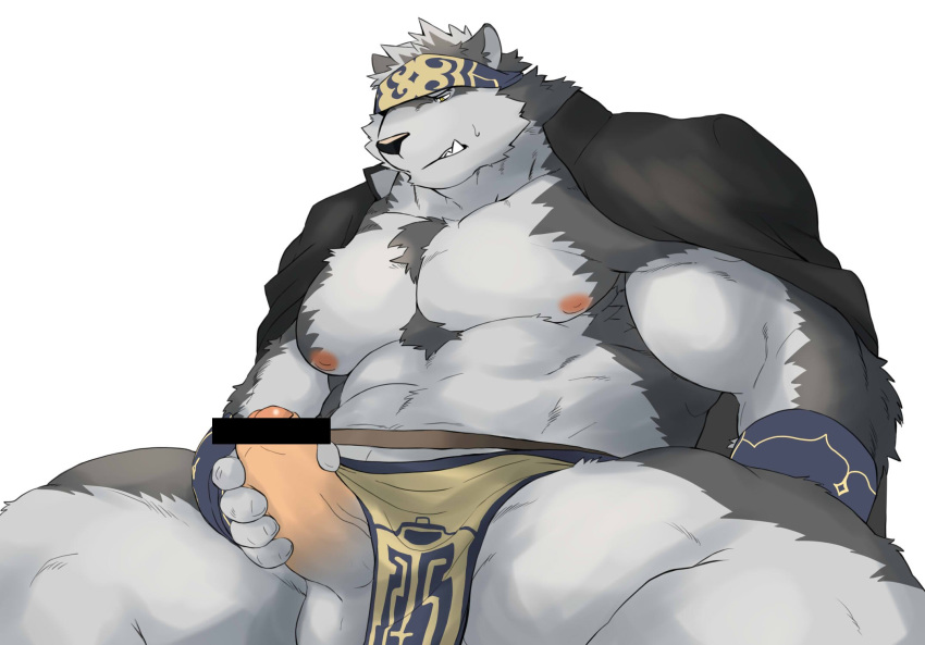 abs balls canine clothed clothing colored erection horkeukamui loincloth male male_only mammal masturbation muscular partially_clothed pecs penis seikeikei2015 simple_background solo tokyo_afterschool_summoners white_background