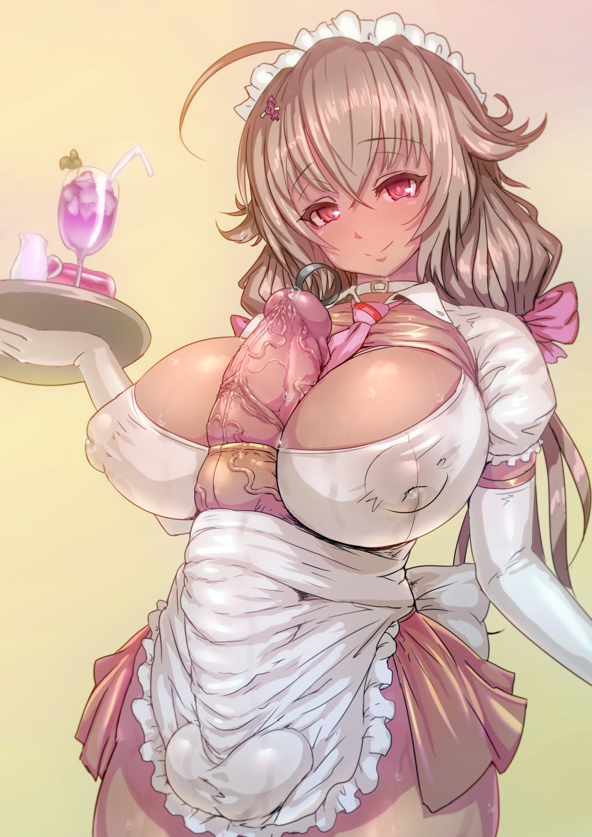 1futa apron aya_(thon2hk) blonde_hair breasts erect_nipples erection futa_only futa_urethral_insertion futanari huge_cock intersex large_breasts maid penis plate solo standing uncensored urethral_insertion waitress