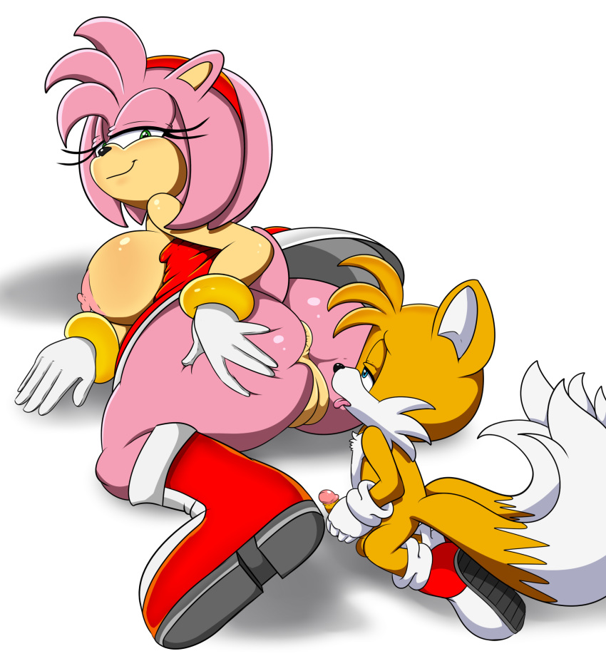 2017 amy_rose anthro anus areola ass big_breasts big_butt breasts canine digitaldomain123 duo erect_nipples erection female fox hedgehog huge_butt male mammal masturbation nipples penis pussy smile sonic_(series) soulteam tails