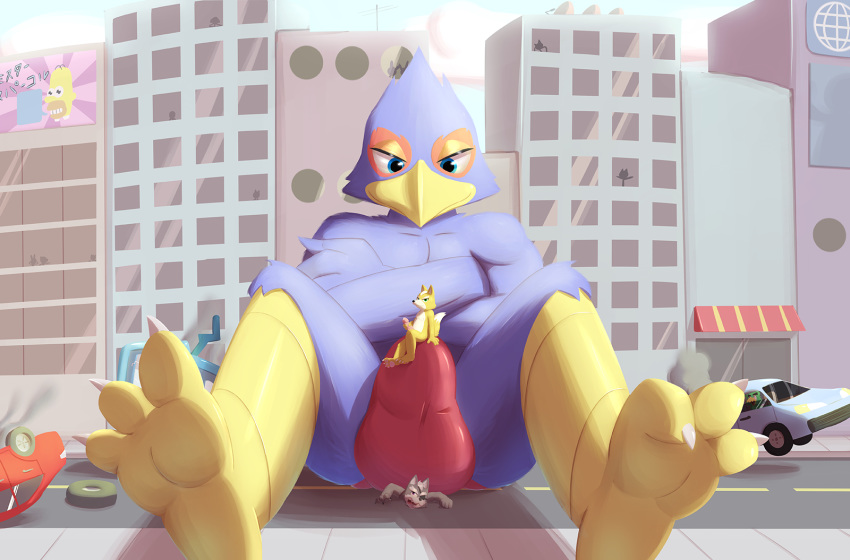 anthro avian ball_crush bird bulge canine car city clothing falco_lombardi feet foot_fetish foot_focus fox fox_mccloud glomiagui macro male male_only mammal marcelo_canario micro nintendo sitting speedo spread_legs spreading star_fox swimsuit vehicle video_games wolf wolf_o'donnell