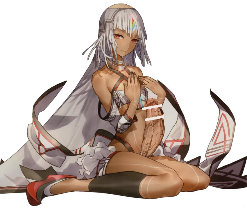 altera_(fate) big_penis breasts clothing dark_skin edit fate/grand_order fate_(series) female futa_only futanari huge_cock intersex kneeling long_hair on_floor on_knees penis red_eyes sitting small_breasts smile veiny_penis white_hair