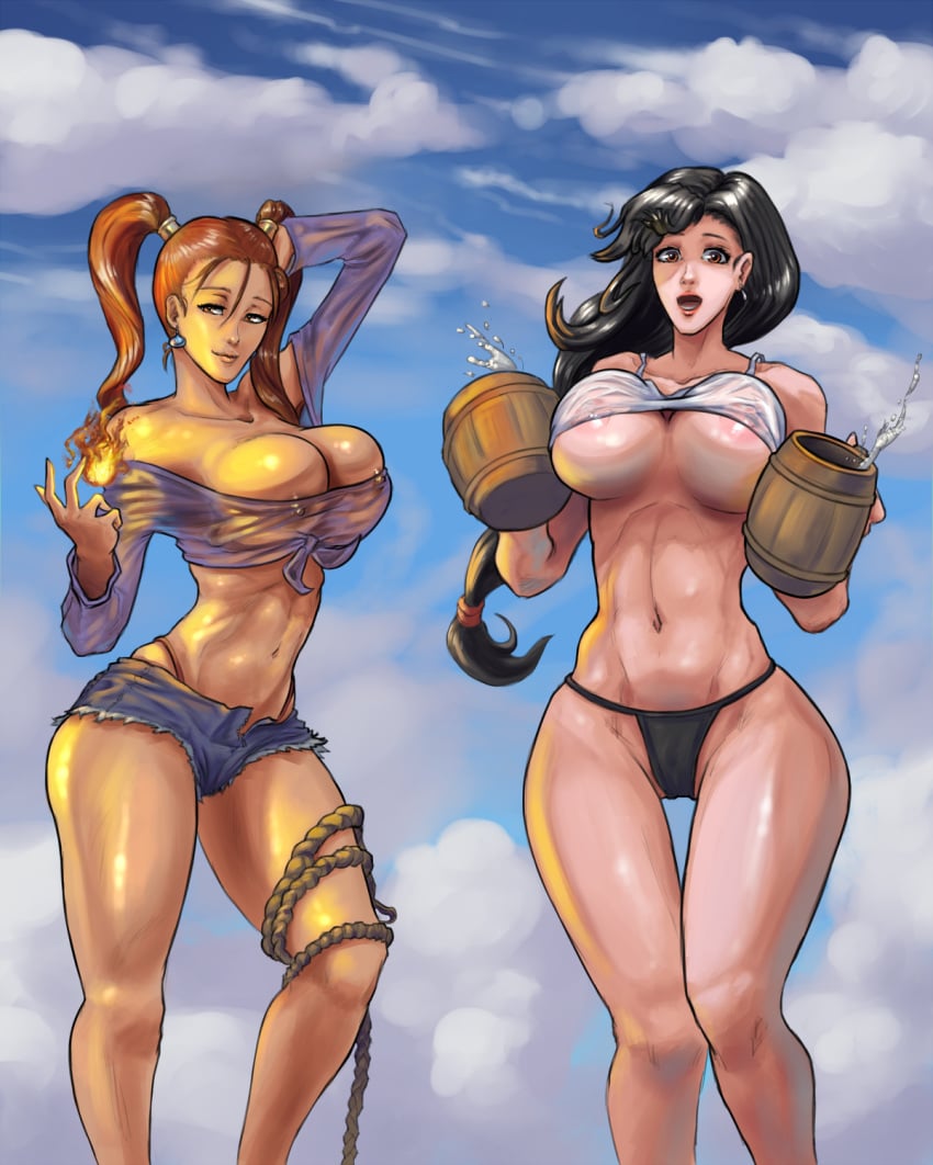 2girls black_hair breasts clothing crossover cutesexyrobutts denim dragon_quest dragon_quest_viii earrings erect_nipples erect_nipples_under_clothes final_fantasy final_fantasy_vii fire front-tie_top hand_on_own_head highleg highleg_panties human human_only jessica_albert large_breasts long_hair looking_at_viewer low-tied_long_hair mug multiple_girls navel nipples open_mouth orange_eyes orange_hair outdoors panties pose rope see-through see-through_clothing short_shorts shorts tank_top tied_hair tifa_lockhart twintails underwear