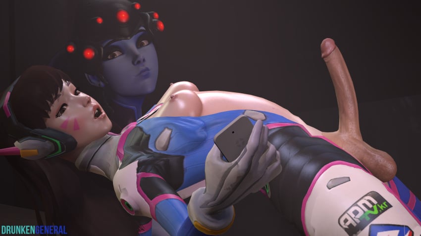 2girls 3d areolae arms_up blue_skin bodysuit breasts brown_eyes brown_hair d.va dickgirl drunkengeneral erect_nipples eyebrows eyelashes futanari headset highres intersex large_penis lips lipstick long_hair nipples nose open_mouth overwatch penis pink_lipstick pony_tail pussy selfie shiny shiny_skin source_filmmaker testicles widowmaker yellow_eyes