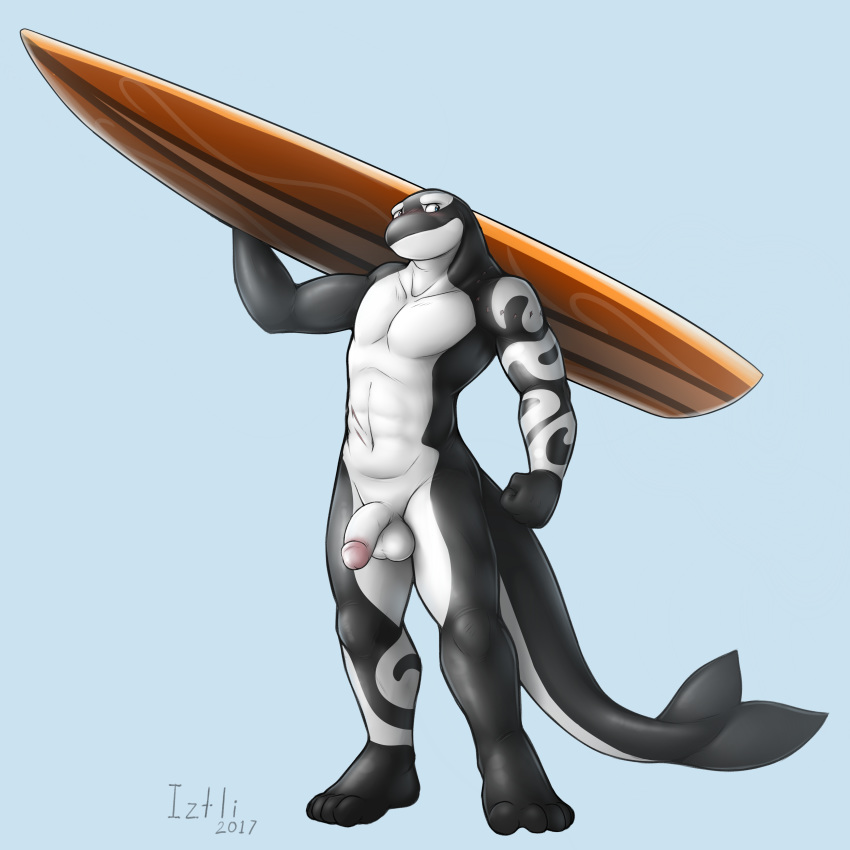 4_toes abs alternate_version_available anthro athletic balls barefoot cetacean circumcised fist flaccid front_view holding_object humanoid_penis iztli looking_away male_only mammal marine nude orca pecs penis scar shaded signature standing surfboard tattoo toes tribal_tattoo whale