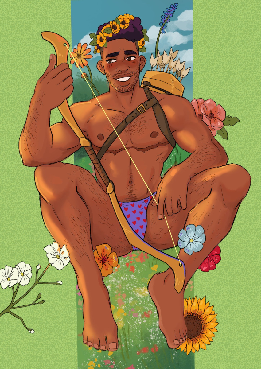 1boy arrow arrows artist_name blush body_hair bow_(she-ra) bow_(weapon) boxers boxers_(clothing) brown_eyes brown_hair character_name copyright_name dark-skinned_male dark_skin flower flower_in_hair green_background hi_res jembutspicy male male_focus male_only muscles muscular muscular_male quiver she-ra_and_the_princesses_of_power short_hair smile solo solo_male top_surgery_scars topless