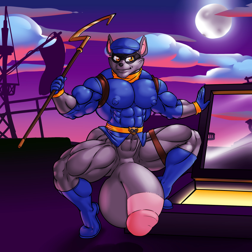 abs anthro ass balls biceps big_balls big_penis bottomless brown_eyes cane clothed clothing gloves hat male_only mammal nipples pecs penis pirate_ship raccoon rocket_(artist) ship sly_cooper sly_cooper_(series) smooth_fur solo thong vehicle video_games