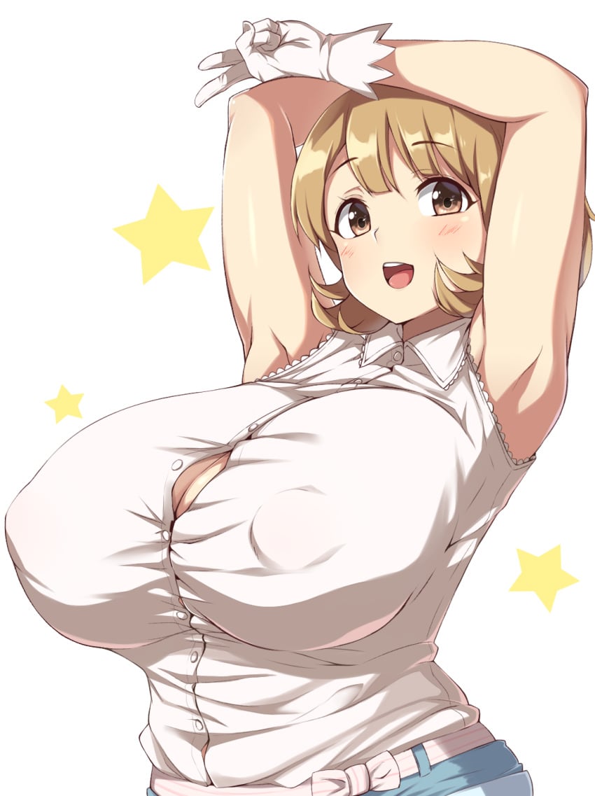 1girls armpits arms_behind_head arms_up blouse blush bob_cut breasts brown_eyes brown_hair chubby female female_only gesture gloves huge_breasts medium_hair moisture_(chichi) narusawa_ryouka nipples nipples_visible_through_clothing occultic;nine open_mouth puffy_nipples shirt short_hair simple_background smile solo v