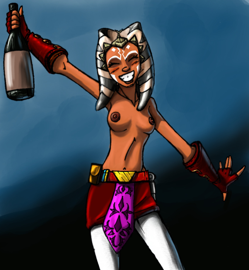 1girls 2010 ahsoka_tano alcohol bottle breasts clone_wars closed_eyes drunk female female_only happy jedi jedi_padawan nipples orange_skin partially_clothed raikoh-illust shirtless smile smiling solo standing star_wars togruta topless