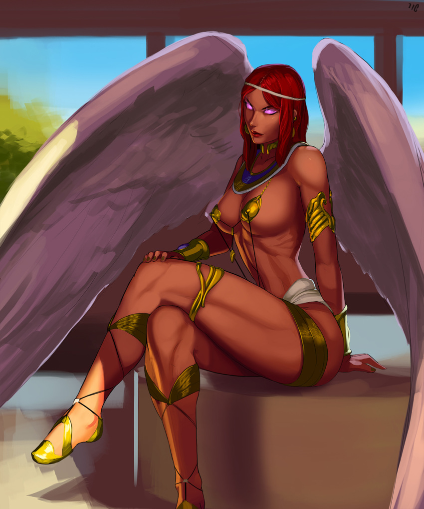 aka6 angel angel_wings armor ass bikini_armor breasts cleavage crossed_legs glowing_eyes large_breasts lipstick long_hair magic_the_gathering muscular_female perky_breasts pose red_hair serena_(goldnightangel) sideboob skimpy_clothes thick_thighs thighs underboob wing