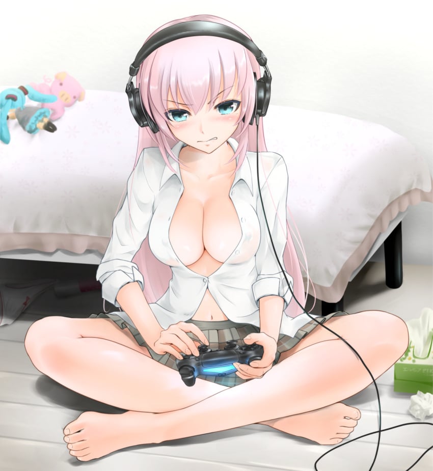 angry aqua_eyes bare_legs barefoot bed biting_lip blue_eyes blush breasts character_doll cleavage collarbone comugico controller dildo doll erect_nipples feet female full_body game_console game_controller grey_skirt hatsune_miku headphones highres holding holding_controller indoors legs long_hair looking_at_viewer medium_breasts megurine_luka navel on_floor open_clothes open_shirt panties panties_removed pig pink_hair plaid plaid_skirt playing_games playstation playstation_4 pleated_skirt shirt sitting sitting_indian_style skirt solo stuffed_animal stuffed_toy tissue tissue_box underwear vibrator vocaloid white_shirt