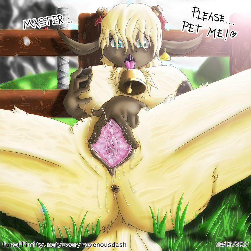 2017 5_fingers anthro anus ass big_breasts breast_grab breasts broken_horn capcom caprine chest_tuft clitoris cowbell day detailed_background ear_tag ejaculation english_text eyelashes female fence fur grass green_eyes hair hair_over_eyes hand_on_breast horn long_ears looking_at_viewer lying mammal monster_hunter moofah nipples nude on_back open_mouth orgasm outside piercing presenting presenting_pussy pussy pussy_ejaculation pussy_juice ravenousdash ribbons saliva sheep sky solo spread_legs spread_pussy spreading text thick_thighs tongue tongue_out tuft video_games white_fur wide_hips