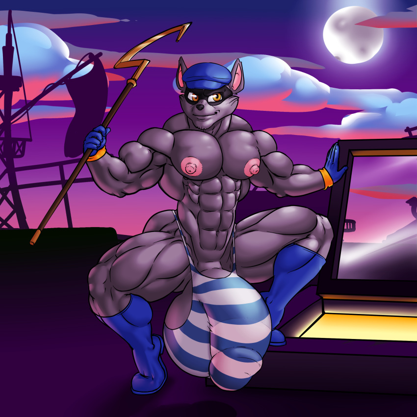 abs anthro ass balls biceps big_balls big_penis brown_eyes bulge cane clothed clothing gloves hat male_only mammal nipples pecs penis pirate_ship raccoon rocket_(artist) ship sly_cooper sly_cooper_(series) smooth_fur solo thong topless underwear vehicle video_games