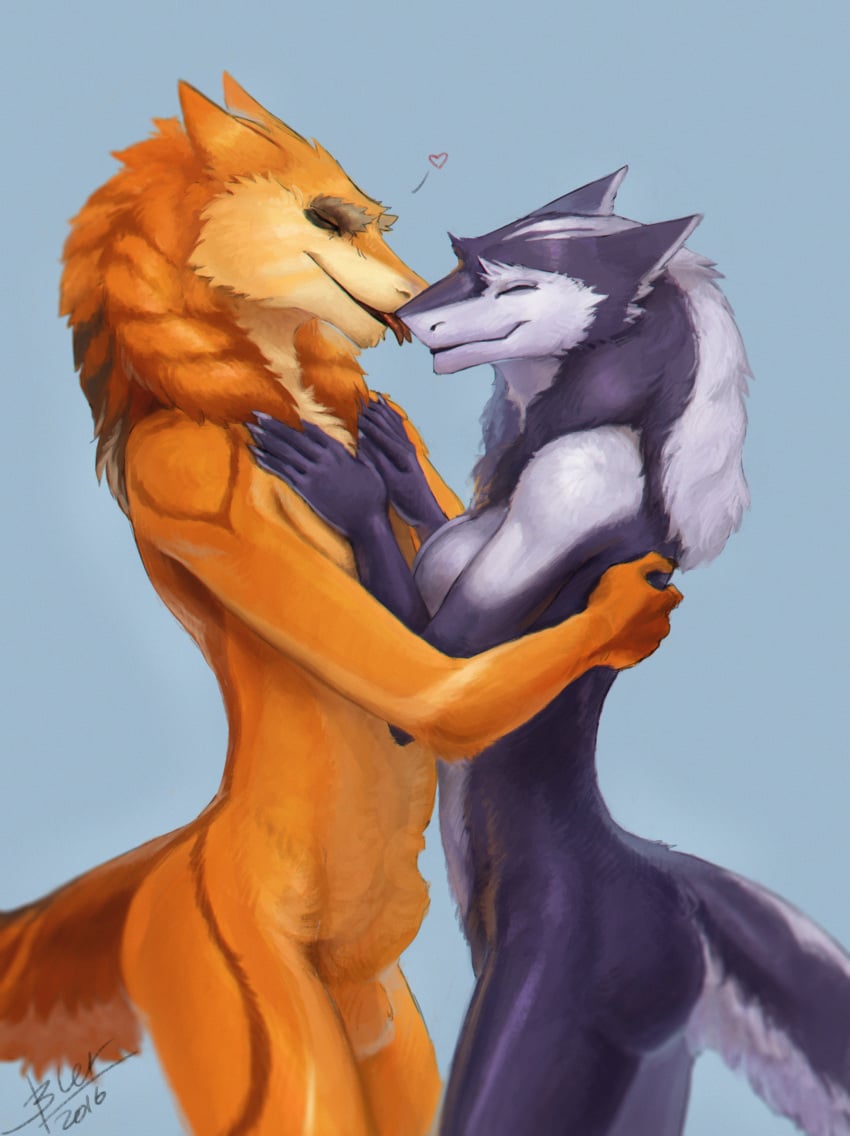 2016 animal_genitalia anthro balls breasts closed_eyes cute daryabler duo female forked_tongue fully_sheathed fur grey_fur happy heart hug love male nude sergal sheath side_view simple_background smile standing straight tongue tongue_out yellow_fur