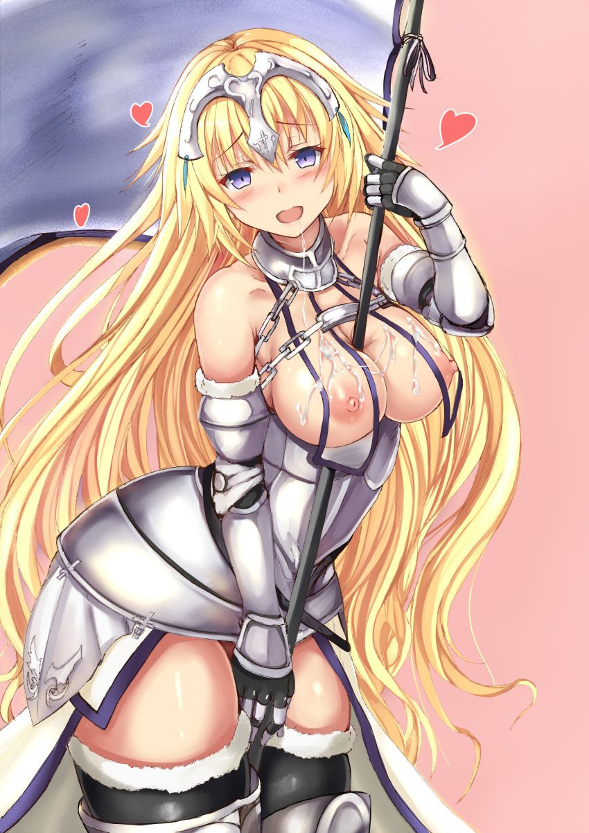 absurdres armor bare_shoulders between_breasts blonde_hair blue_eyes blush boots breasts chains cum cum_on_body cum_on_upper_body fate/apocrypha fate/grand_order fate_(series) female flag fur_trim gauntlets headpiece heart highres jeanne_d'arc_(fate) long_hair looking_at_viewer nipples object_between_breasts pink_background saliva shiny shiny_skin simple_background solo thigh_boots thighhighs uchida_shou