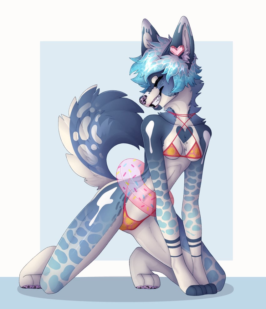 2d bikini blue_fur chelsea_(noxxyboy) closed_eyes floatie fluffy fluffy_tail furry furry_female husky kneeling lifeguard noxxyboy pink_nose pixie_cut short_hair smiling swimsuit tomboy tomboytoy very_short_hair