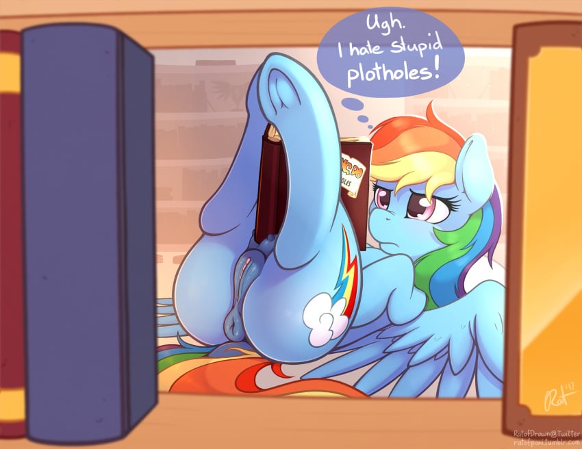 2017 anus ass blue_feathers book crotchboobs cutie_mark dock english_text equine feathered_wings feathers female feral friendship_is_magic hair hi_res hooves inside legs_up lying mammal multicolored_hair my_little_pony on_back pegasus pussy rainbow_dash_(mlp) rainbow_hair ratofdrawn solo text underhoof wings