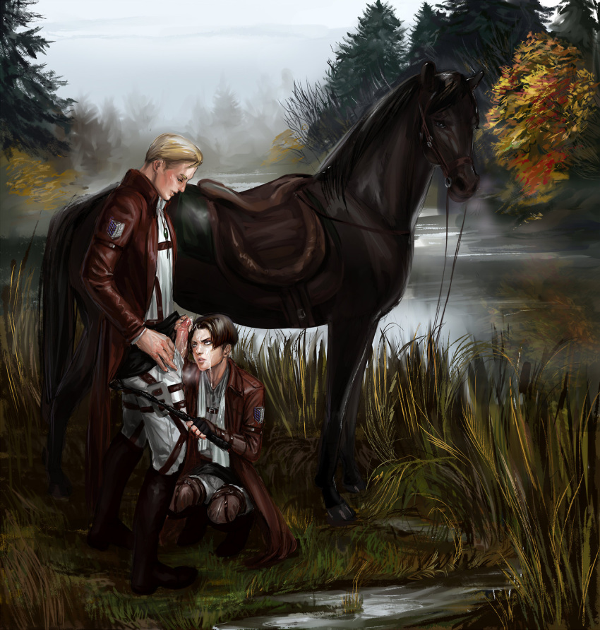 2boys artist_request attack_on_titan blonde_hair brown_hair bukkake cum cum_on_face equestrian equine erection erwin_smith fingerless_gloves forest_background gay holding_penis horse large_penis levi_ackerman looking_at_penis looking_down male male/male male_only necklace pants_open penis_out pond shingeki_no_kyojin suck tall_grass yaoi