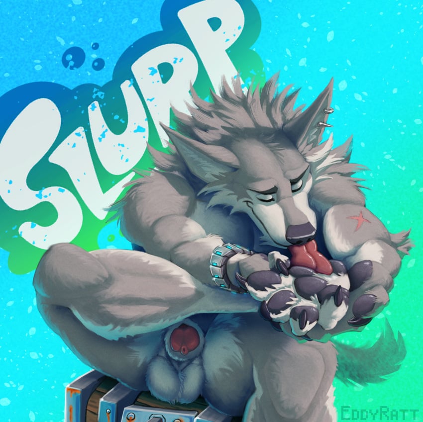 absurd_res anthro balls canid canine canis clothing digital_media_(artwork) eddyratt epic_games erection fortnite fur genitals hi_res humanoid male mammal muscular muscular_male nude penis simple_background smile solo tail text tongue wendell_(fortnite) wolf