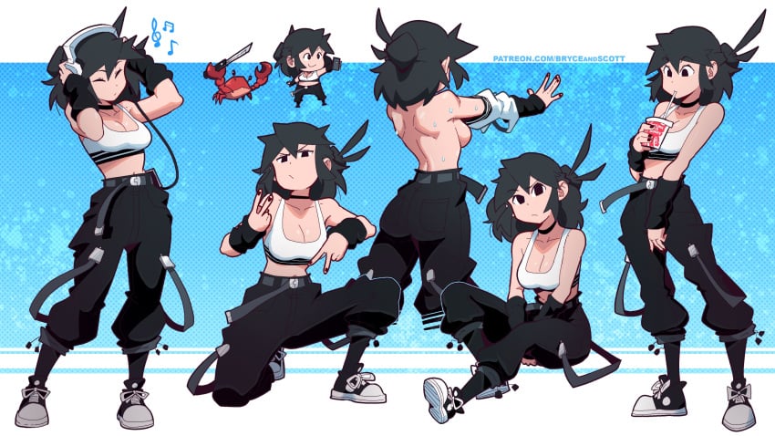 back bare_back black_hair black_pants black_sneakers breasts chibi crab drinking drinking_soda earphones listening_to_music lucia_(scott_malin) official_art pants scott_malin shirt sideboob sitting smile sneakers socks soda_cup sweat sweatdrop sweaty sweaty_body taking_off_shirt teen teen_girl teenage teenage_girl teenager the_panty_bear tomboy topless v_sign white_shirt