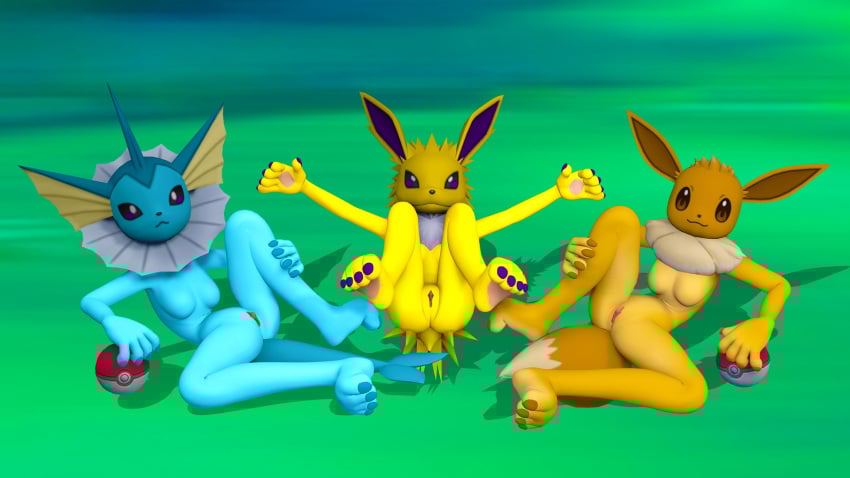 3d_(artwork) anthro claws clitoris digital_media_(artwork) eevee eeveelution female generation_1_pokemon genitals group hi_res jolteon looking_at_viewer looking_back nintendo pawpads paws pokeball pokemon pokemon_(species) sambro80 spread_arms spread_legs spreading trio vaporeon vulva